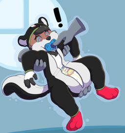 anthro big_diaper clothing diaper headgear headwear hypnosis little_kings_(diaper) male mind_control object_in_mouth onesie pacifier pacifier_in_mouth ringed_eyes solo wetness_indicator young baltnwolf abuniverse little_kings canid canine canis mammal wolf absurd_res hi_res
