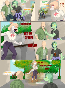 accusation alternative_fashion angry anthro bald biped black_bottomwear black_clothing black_pants black_shirt black_topwear blonde_hair bone_frill bottomwear bully caveman chair clenched_teeth clothed clothed_anthro clothed_female clothed_human clothed_male clothing cloud crossed_arms day dialogue dominant dominant_anthro dominant_female eyewear female fingers fist frill_(anatomy) front_view furniture glasses glowing glowing_eyes grass green_body green_clothing green_eyes green_hair green_jacket green_scales green_shirt green_topwear grey_eyes group hair humanoid_hands interrobang jacket male medium_hair motion_lines nervous open_clothing open_jacket open_mouth open_topwear orange_body orange_scales outside pants pinned pinned_to_wall plant profanity punk scales shadow shirt shirt_grab spiked_tail spikes spikes_(anatomy) standing surprised tail talking_to_another teeth text topwear torn_bottomwear torn_clothing torn_pants tree trio white_body white_clothing white_scales white_shirt white_topwear yelling yellow_sclera ryangoslinghorny cavemanon_studios goodbye_volcano_high i_wani_hug_that_gator ko_op_(game_developer) snoot_game anon_(snoot_game) naomi_(gvh) olivia_halford principal_spears baryonyx dinosaur hadrosaurid human mammal ornithischian ornithopod parasaurolophus prehistoric_species reptile saurischian scalie spinosaurid theropod absurd_res colored comic english_text hi_res shaded
