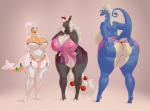 2017 absurd_res alternate_color antennae_(anatomy) anthro anthrofied areola auroras big_breasts big_butt black_body black_fur blue_body blue_skin bonita_(deadpliss) bottomless breasts brown_background butt clothed clothing coraline_(deadpliss) corset curvy_figure digital_media_(artwork) dinosaur dragon fan_character female fur furgonomics garter_straps generation_6_pokemon genitals goodra group hair hand_on_butt hi_res horn huge_breasts huge_butt legwear lingerie long_hair looking_at_viewer mature_female mega_ampharos mega_evolution mewpan mythological_creature mythological_scalie mythology nintendo nipples non-mammal_breasts pink_nipples pokemon pokemon_(species) pokemorph prehistoric_species presenting presenting_hindquarters pussy raised_tail reptile sauropod sauropodomorph scalie side_boob simple_background slightly_chubby smile standing stockings tail tail_through_skirt take_your_pick thick_thighs thigh_highs tight_clothing topless topwear translucent translucent_clothing voluptuous white_body white_fur white_hair white_skin wide_hips