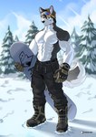 abs anthro biceps black_body black_fur boots bottomwear clothing eyewear footwear fur gloves goggles hair handwear male multicolored_body multicolored_fur muscular muscular_anthro muscular_male outside pants pecs plant shirtless_male shoes snow snowboard solo standing tree two_tone_body two_tone_fur white_body white_fur yellow_eyes anjing_kampuss joseph_(anjing_kampuss) canid canine canis domestic_dog husky mammal nordic_sled_dog spitz hi_res