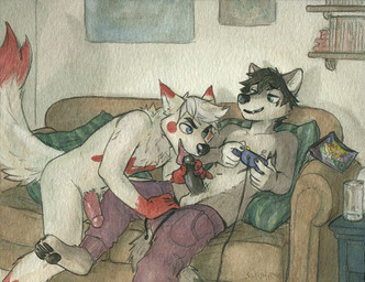 5_fingers anthro anthro_on_anthro balls black_nose black_penis blue_eyes casual_sex circumcised clothed clothing controller cord detailed_background duo erection fingers fur furniture game_controller gamecube_controller gaming genitals green_eyes grey_body grey_fur half-erect holding_controller holding_game_controller holding_object humanoid_genitalia humanoid_penis male male/male navel nintendo_controller nipples nude oral partially_clothed pawpads penis pink_penis playing_video_game sex smile sofa tongue tongue_out topless white_body white_fur wired_controller sicklyhypnos gamecube nintendo pokemon generation_3_pokemon mammal pokemon_(species) zangoose 2018 painting_(artwork) traditional_media_(artwork) traditional_painting_(artwork) traditional_watercolor_(artwork) watercolor_(artwork)