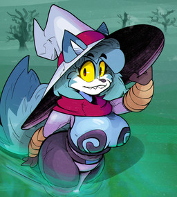 anthro armor belt big_breasts black_eyebrows blue_ears blue_hair blue_tail bottomwear breastplate breasts cheek_tuft clothed clothing countershade_fur countershading dead_tree detailed_background eyebrow_through_hair eyebrows eyelashes facial_tuft female female_anthro fingers fog front_view fur furgonomic_hat furgonomic_headwear furgonomics hair hat headgear headwear holding_clothing holding_hat holding_headgear holding_headwear holding_object partially_submerged plant red_eyes sharp_teeth solo swamp tail teeth three-quarter_view topwear translucent translucent_hair tree tuft walking white_body white_countershading white_fur witch_hat yellow_sclera cloudidoodles roxanne_oxley canid canine fox mammal 2022 absurd_res digital_media_(artwork) hi_res portrait three-quarter_portrait