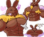 2022 abs anthro barazoku big_pecs brown_body bun_bun_(fortnite) candy chocolate clothing dessert english_text epic_games food food_creature fortnite happy hearts_around_head its_coldpizza lagomorph leporid living_candy living_chocolate male mammal muscular muscular_anthro muscular_male nipples object_between_breasts open_mouth pec_grab pecs rabbit solo text tongue tongue_out yellow_clothing