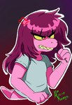 anthro black_eyebrows breasts clothed clothed_anthro clothing cross-popping_vein eyebrows female hair pink_body pink_skin solo yellow_eyes micromango deltarune undertale_(series) susie_(deltarune) reptile scalie signature