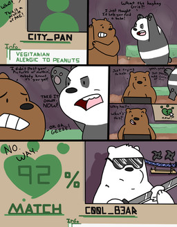 anthro bed black_body black_fur brown_body brown_fur computer dating_profile dialogue duo electronics eyewear food fur furniture internet katana male male/male melee_weapon ranged_weapon shuriken slightly_chubby smile sunglasses sword text weapon white_body white_fur graft_(artist) cartoon_network we_bare_bears grizzly_(we_bare_bears) ice_bear_(we_bare_bears) panda_(we_bare_bears) bear brown_bear giant_panda grizzly_bear mammal polar_bear ursine comic english_text hi_res multiple_scenes pseudo_incest_(lore)