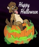 anthro bodily_fluids fart food fruit holidays jack-o'-lantern male plant pumpkin relieved saliva smelly solo ottlyoo halloween laphin_hyena hyena mammal hi_res