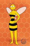 antennae_(anatomy) anthro big_breasts breasts butt clothed clothing dress female huge_breasts non-mammal_breasts smile solo tight_clothing wings crescent-blue-zero oleina russian_cooking_oil_commercial lena_the_bee arthropod bee hymenopteran insect 2023 hi_res