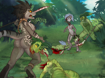 angry anthro areola blood blood_from_mouth blood_in_mouth blood_on_weapon blood_puddle bodily_fluids breasts butt casual_nudity corpse death decapitation digitigrade feet female female_death fingers forest genitals gore gore_focus group hair holding_head holding_melee_weapon holding_object holding_polearm holding_weapon killing lying markings melee_weapon navel nipples nude on_front on_side open_mouth outdoor_nudity outside plant polearm severed_body_part severed_head smile snuff standing tail teeth toes tongue tongue_out tree tribal tribal_markings vulva weapon mrs._stein dinosaur dromaeosaurid lizard prehistoric_species reptile saurischian scalie theropod velociraptor 4:3 digital_media_(artwork)