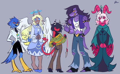 2_horns 3_eyes alternate_species anthro black_bottomwear black_clothing black_hair black_pants blonde_hair blue_body blue_eyes blue_feathers bottomwear brown_body brown_fur cigarette clothed clothed_anthro clothed_female clothed_humanoid clothed_male clothing dress eyelashes feathers female footwear freckled_face freckles fur group hair halo high_heels hooves horn long_eyelashes long_hair male multi_eye pants purple_body purple_hair red_body red_sclera shirt shoes size_difference spade_tail sweater tail tail_feathers topwear torn_bottomwear torn_clothing torn_pants torn_vest tuft white_body white_eyes white_fur yellow_sclera axolgra deltarune hellaverse undertale_(series) berdly kris_dreemurr noelle_holiday ralsei susie_(deltarune) angel bird_demon bovid caprine deer demon goat humanoid imp mammal new_world_deer reindeer reptile scalie 2026 hi_res