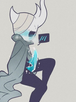 bandage bandage_over_eye bandaged_head black_body black_eyes blue_penis blush bodily_fluids cloak cloak_only clothing cum cum_on_hand cum_on_penis cum_on_self ejaculation genital_fluids genitals glowing glowing_genitalia glowing_penis grey_cloak grey_clothing horn lifeblood looking_down male masturbation penis raised_leg sitting solo sweat touching_penis tremble_spikes wounded chacodoodle hollow_knight_(franchise) team_cherry broken_vessel_(hollow_knight) arthropod vessel_(species) 3:4