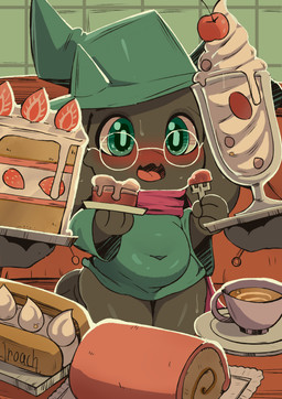 4_fingers anthro belly black_body black_fur blush cake clothed clothing dessert eyewear fingers food fur glasses green_clothing green_headwear headgear headwear holding_fork holding_object slightly_chubby tongue young lroach deltarune undertale_(series) ralsei bovid caprine goat mammal absurd_res digital_media_(artwork) hi_res
