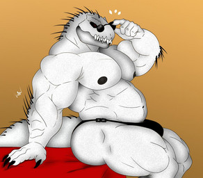 anthro big_muscles big_pecs bulge claws eyewear glasses huge_muscles huge_pecs male musclegut muscular muscular_male nipples pecs quills_(anatomy) simple_background solo spikes tail teeth white_body aileron_(artist) jurassic_park jurassic_world universal_studios dinosaur indominus_rex prehistoric_species reptile saurischian scalie theropod