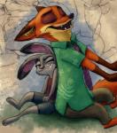 2017 anthro barefoot bottomwear canid canine clothing color_edit colored disney duo english_text eyes_closed fangs feet female fox fur grin judy_hopps lagomorph leporid male mammal nick_wilde open_mouth open_smile pants rabbit shirt sitting smile stormspike teeth text third-party_edit topwear xx-junglebeatz-xx zootopia