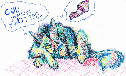 ambiguous_gender animal_genitalia animal_penis canine_genitalia canine_penis fangs feral genitals knot knotted_penis lying male on_front penis simple_background sketchy solo teeth text thought_bubble white_background regsmutt domestic_cat felid feline felis mammal english_text pen_(artwork) traditional_media_(artwork)