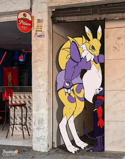 black_sclera breasts clothing duo female fur kerchief male purple_body shortstack shortstack_male tail white_body white_fur yellow_body yellow_fur arashidrgn a_chance_encounter bandai_namco digimon canid canine digimon_(species) imp impmon mammal renamon 2026 absurd_res hi_res meme