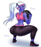 big_butt blue_body blue_skin bodily_fluids bottomwear breasts butt clothing crouching exercise female hair not_furry pants ponytail solo sweat yoga_pants 1pervydwarf phoebe_(1pervydwarf) elf humanoid hi_res