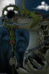 5_fingers armor bracelet chain chain_necklace clothing cloud costume ear_piercing female feral fingers headgear helmet jewelry moon necklace piercing ring shadow sky smile staff apollyondragon marvel mythology wings_of_fire blister_(wof) loki_(marvel) dragon mythological_creature mythological_scalie sandwing_(wof) scalie 2023 2:3 digital_drawing_(artwork) digital_media_(artwork) hi_res signature