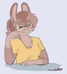 arm_support clothed clothing eyewear female glasses head_tuft leaning_on_elbow melancholic solo tuft chocolatekitsune chocolatekitsune_(character) lagomorph leporid mammal rabbit colored signature sketch