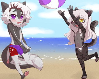 5_fingers anthro ball beach beach_ball bikini brown_highlights clothing cloud countershade_face countershade_tail countershade_torso countershading curled_fingers dark_body dark_fur dipstick_ears duo ear_markings eyebrow_through_hair eyebrows facial_scar feet female fingerless_(marking) fingers flat_chested fur hair hands_above_head hands_together happy highlights_(coloring) inflatable long_hair looking_up male multicolored_ears navel on_one_leg one_foot_raised open_mouth outside pattern_bikini pattern_clothing pattern_swimwear pawpads playing purple_eyes raised_eyebrows sand scar scars_all_over sky smile standing striped_bikini striped_body striped_clothing striped_fur striped_swimwear stripes swimming_trunks swimwear tail teeth toeless_(marking) toes translucent translucent_hair two-piece_swimsuit upper_teeth_only water white_body white_fur yellow_eyes young young_anthro young_female young_male aoizuri amalia_(claralaine) garrett_(hiroketzio) canid canine dire_wolf domestic_cat felid feline felis mammal prehistoric_species 2022 5:4 hi_res