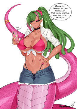 accessory alternative_fashion apode big_breasts bikini bikini_top bracelet breasts cellphone choker clothing colored_nails ear_piercing electronics eyelashes eyeshadow female furgonomics green_hair gyaru hair hand_on_hip huge_breasts j-fashion jewelry legless living_hair makeup nails navel necklace phone piercing pink_body pink_scales ponytail pseudo_hair ring scales serpentine shirt smartphone snake_hair solo split_form swimwear tail tail_accessory tail_jewelry tail_ring tan_body tan_skin thong tied_shirt topwear two-piece_swimsuit underwear yellow_eyes pashapencil european_mythology greek_mythology mythology draconcopode gorgon lamia reptile scalie snake 2025 absurd_res hi_res