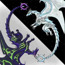black_body black_sclera claws duo female feral green_eyes male red_eyes spikes spikes_(anatomy) white_body wings yin_yang_symbolism haos shadeominus bakugan bakugan_(series) bakugan_battle_brawlers mythology darkus_(bakugan) dharak dragon mythological_creature mythological_scalie scalie 1:1 sibling_(lore) twins_(lore)