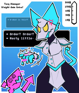 ambiguous_gender angry cable_tail cross-popping_vein dialogue duo female floating_hands gesture hand_gesture pointing struggling text text_box virus weight_gain weight_gain_drive daxiefoxpet626 deltarune undertale_(series) tasque_manager darkner tasque virovirokun 2025 digital_media_(artwork) english_text
