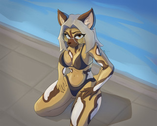 anthro bikini bikini_bottom bikini_top bob_cut breasts brown_body brown_eyes brown_fur clothing countershading eyelashes eyewear female floor fur glasses grey_hair hair hands_on_legs hands_on_thighs kneeling looking_at_viewer multicolored_body multicolored_fur poolside round_glasses shadow sitting smile smiling_at_viewer solo swimming_pool swimwear thong tile tile_floor two-piece_swimsuit underwear water white_body white_fur yellow_body yellow_fur radimcatt veronica_(azimuthium) african_wild_dog canid canine mammal 2025 absurd_res hi_res shaded