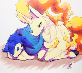ambiguous_gender anthro bedding blanket blue_body blue_fur blush blush_lines covering covering_another duo eyelashes eyes_closed feral fur half-closed_eyes hooves horn multicolored_body narrowed_eyes red_eyes sleeping two_tone_body yellow_body 025aki mythology nintendo pokemon equid equine generation_1_pokemon generation_2_pokemon generation_8_pokemon hisuian_form hisuian_typhlosion mammal mythological_creature mythological_equine pokemon_(species) rapidash regional_form_(pokemon) typhlosion unicorn 2025 absurd_res dated hi_res signature