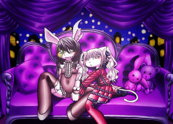 anthro black_hair blush clothed clothing doll duo female female/female fur green_eyes hair holidays kemono looking_at_viewer night reborn red_eyes white_body white_fur white_hair young young_anthro young_female devilturtle halloween frankenstein domestic_cat felid feline felis lagomorph leporid mammal rabbit vampire 2017 absurd_res hi_res