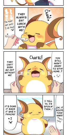 anthro belly blush bodily_fluids clingy crying cutlery dialogue feeding female hand_holding hug kitchen_utensils male needy one_eye_closed overweight smile spoon tears text tools wink pakkopako nintendo pokemon generation_1_pokemon human mammal pokemon_(species) raichu comic english_text hi_res