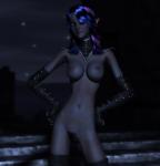 5_fingers 5_toes armwear blue_eyes boots breasts clothing dark_body dark_skin detailed_background elbow_gloves feet female fingers footwear glistening gloves handwear night nipples not_furry outside pose pubes seductive shoes sky solo star starry_sky teasing toes unknown_artist ebony elf humanoid