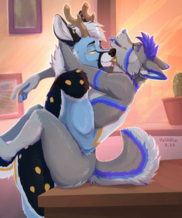 anthro anthro_on_anthro anthro_penetrated anthro_penetrating duo eyes_closed licking looking_pleasured male male/male male_penetrated multicolored_body open_mouth penetration sex stripes tail tongue tongue_out haska canid canine canis deer mammal wolf hi_res