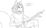 5_fingers anthro blush claws eyebrows eyelashes fingers hair holding_melee_weapon holding_object holding_sword holding_weapon humanoid_hands male melee_weapon sitting smile solo sword weapon eihman canid canine mammal 2020 digital_media_(artwork) hi_res