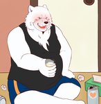 anthro belly bottomwear clothing eyes_closed fur kemono male overweight overweight_anthro overweight_male shirt shorts sitting solo tank_top topwear white_body white_fur kuma_(pixiv_881259) kumadasi bear mammal polar_bear ursine 2009