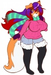 anthro big_breasts black_nose bottomwear breasts clothed clothing fangs female fur hair handwear huge_breasts legwear long_hair looking_at_viewer mittens open_mouth orange_body orange_fur purple_eyes purple_hair red_hair scarf shorts smile solo sweater teeth topwear white_body white_fur fyxe_(artist) fyxe canid canine fox mammal