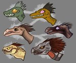 ambiguous_gender anthro avian_caruncle beak brown_body brown_feather_hair brown_feathers brown_quills brown_skin fangs feather_hair feathers grey_background grey_body grey_quills grey_skin group head_crest looking_at_viewer pseudo_hair pupils purple_eyes quill_hair red_neck scales sharp_teeth simple_background slit_pupils tan_body tan_scales tan_skin teeth yellow_body yellow_eyes yellow_skin wolfface2 halo_(series) microsoft xbox_game_studios alien avian ibie'shan kig-yar ruuhtian_(kig-yar) scalie t'vaoan absurd_res colored headshot_portrait hi_res model_sheet portrait male_(lore)