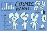 big_ears claws on_one_leg open_mouth simple_background simple_eyes solo standing text jwatch cosmic_rabbit_(species) lagomorph leporid mammal rabbit digital_media_(artwork) english_text hi_res model_sheet