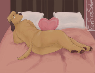 anthro bed_covers bedding bedroom_eyes belly big_butt butt feet heart_pillow hindpaw looking_at_viewer looking_back lying male narrowed_eyes nude on_side overweight paws pillow presenting presenting_hindquarters seductive slightly_chubby smug_grin solo forfigssake_(artist) smell_(mucknagabe) noi_(mucknagabe) canid canine mammal hi_res shaded signature