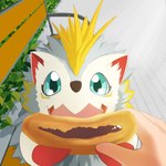 anthro bench blue_eyes claws dorayaki eating first_person_view food fur pastry sharing_food sitting spines white_body white_fur erjetto bandai_namco digimon digimon_(species) eulipotyphlan herissmon human mammal 1:1 hi_res