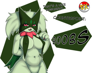 anthro big_breasts breasts claws dialogue eyelashes fangs female front_view fur green_background green_body green_claws green_fur hand_behind_back looking_at_viewer mask navel nipple_outline open_mouth open_smile pink_eyes simple_background smile solo talking_to_viewer teeth text white_background wide_hips duskxvi nintendo pokemon generation_9_pokemon meowscarada pokemon_(species) hi_res