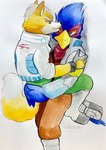 anthro beak blue_body bodily_fluids boots clothing duo face_lick feathers footwear green_eyes hug licking male male/male shoes tongue tongue_out ulala_ko nintendo star_fox falco_lombardi fox_mccloud avian bird canid canine canis fox mammal hi_res