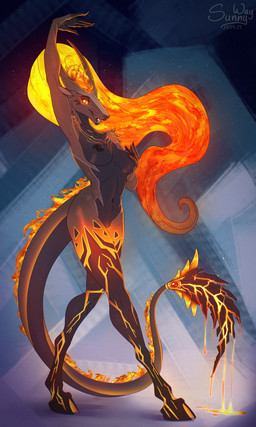 anthro areola big_breasts biped breasts clitoral_hood cloven_hooves female female_anthro fire flaming_hair genitals glowing hooves horn humanoid_genitalia humanoid_vulva lava navel nipples non-mammal_breasts non-mammal_navel non-mammal_nipples non-mammal_vulva nude pseudo_hair reward solo tail unguligrade vulva sunny_way mythology pompeii_(timberwolfl) demon dragon hybrid mythological_creature mythological_scalie scalie 3:5 hi_res