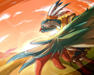 anthro clothed clothing feathers female green_eyes looking_at_viewer outside pokemorph sky solo sun day-t nintendo pokemon archeops fossil_pokemon generation_5_pokemon pokemon_(species) 2014 5:4