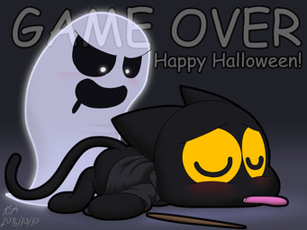 ambiguous_gender anthro black_body black_eyes black_fur blush bottomless cloak clothed clothing duo eyes_closed featureless_feet featureless_hands feet fur game_over gameplay_mechanics grey_background holidays lying on_front on_ground on_model open_mouth simple_background smile tail text tongue tongue_out unconscious wand yellow_sclera kitsoone google google_doodle halloween magic_cat_academy momo_(google) domestic_cat felid feline felis ghost mammal spirit 2016 4:3 comic_sans digital_drawing_(artwork) digital_media_(artwork) english_text hi_res signature female_(lore)
