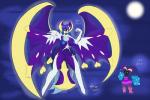 anthro areola blue_areola blue_hair blue_nipples blush breasts clothed clothing duo female genitals hair heart_symbol nipples nude pussy red_eyes sky skyscape smile wings yellow_eyes kawma nintendo pokemon cosmog generation_7_pokemon legendary_pokemon lunala pokemon_(species) 2017 3:2 hi_res