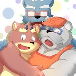 anthro arm_around_shoulders blue_body clothing eyewear facial_hair glasses grey_body group hand_on_shoulder hat headgear headwear hug kemono male mature_male mustache overweight overweight_male shirt topwear bunta_(sisiwaka_3) incubus! ink_incuberia bear mammal 1:1 2015 hi_res