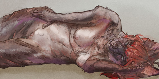 5_fingers anthro blue_eyes breasts chest_tuft claws fangs female finger_claws fingers fur genitals hair looking_at_viewer lying multicolored_body multicolored_fur nipples nude nude_anthro nude_female on_side pawpads pointy_ears prick_ears red_hair solo teeth text tuft vulva alex-dep-998 bat mammal 2025 artist_name digital_media_(artwork) hi_res