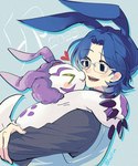 blue_hair blush duo eyewear fake_ears fake_rabbit_ears feral fur glasses hair hug kissing_cheek male male/male white_body white_fur lanllan bandai_namco digimon joe_kido digimon_(species) gomamon human mammal