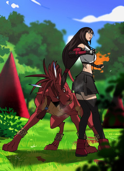 clothed clothed_female clothing duo female feral forest forest_background male male/female nature nature_background plant standing steam tree jijis-waifus final_fantasy final_fantasy_vii square_enix red_xiii tifa_lockhart felid human mammal hi_res