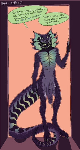 anthro backlighting balls big_balls big_penis black_teeth black_tongue bodily_fluids dialogue digitigrade doorway dripping genital_fluids genitals glans glowing glowing_body green_body green_scales huge_balls huge_penis humanoid_genitalia humanoid_penis light long_tail male penis precum precum_drip scales solo speech_bubble tail teeth tongue amadboii veleno_(staircat) cobra reptile scalie snake lighting